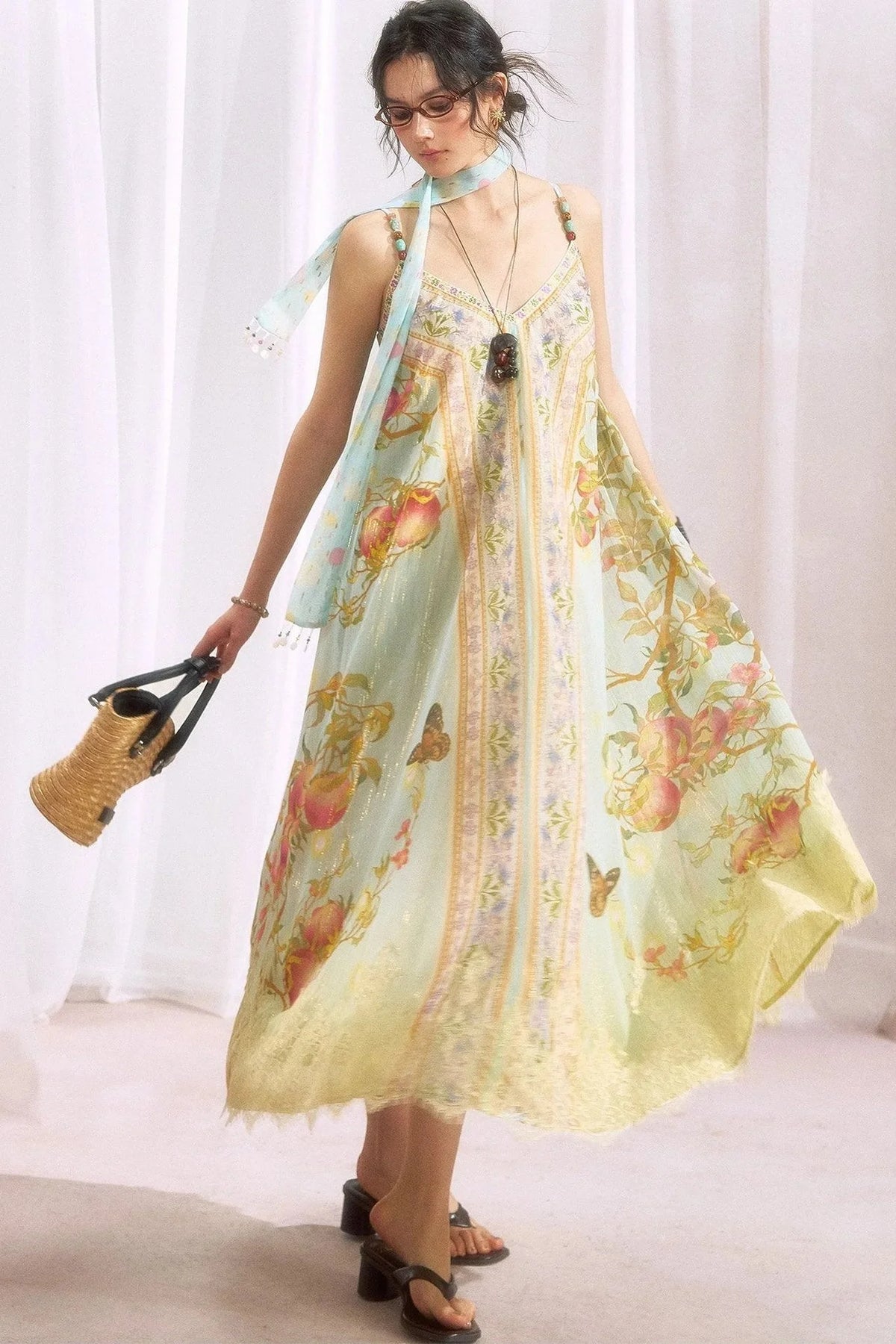 Peach Branch Print Chiffon Maxi Dress