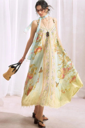 Peach Branch Print Chiffon Maxi Dress
