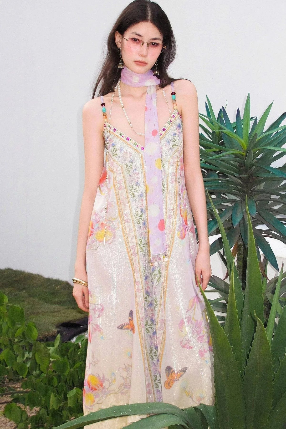 Peach Branch Print Chiffon Maxi Dress