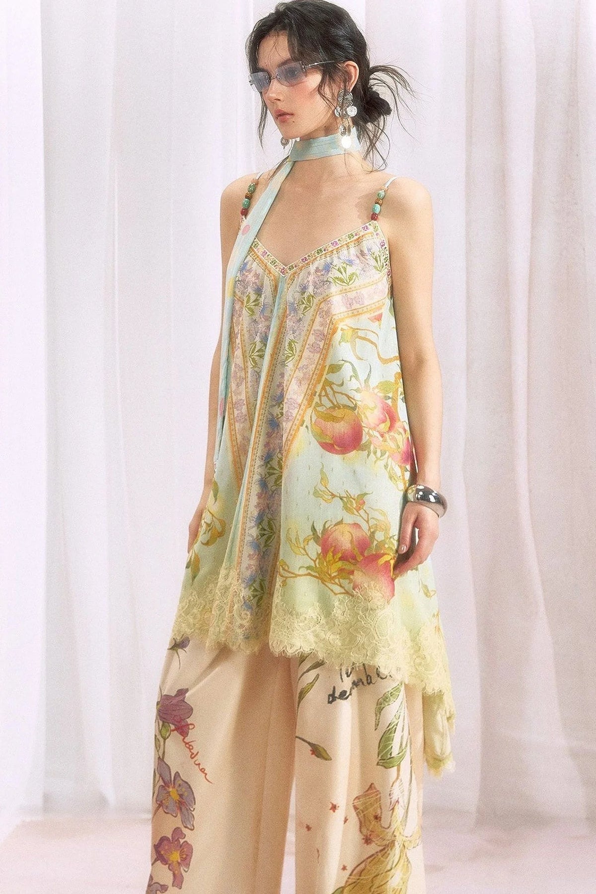 Peach Branch Print Chiffon Maxi Dress