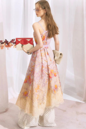 Peach Branch Print Chiffon Maxi Dress