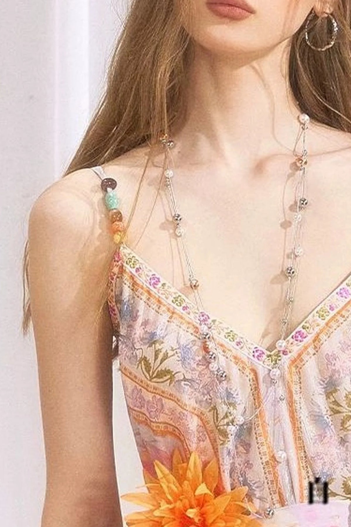 Peach Branch Print Chiffon Maxi Dress