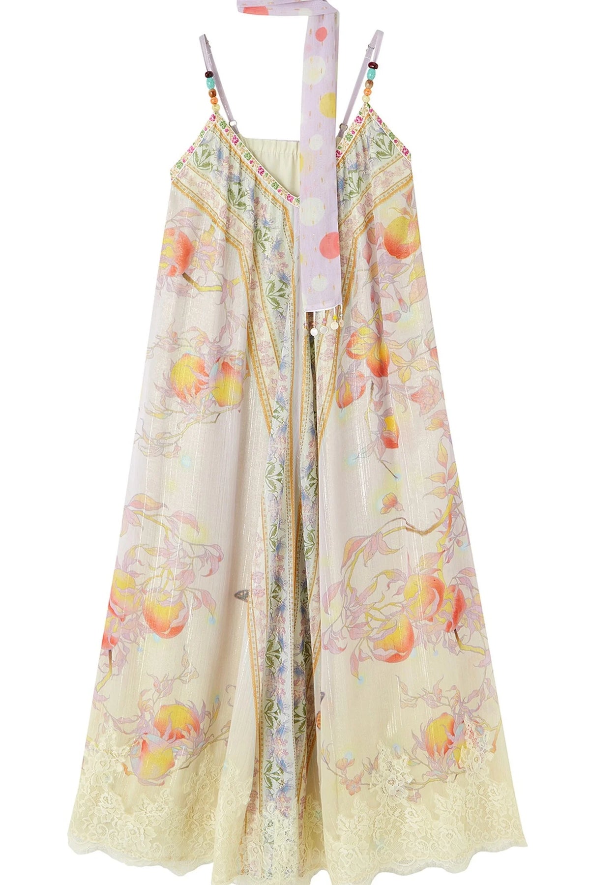 Peach Branch Print Chiffon Maxi Dress
