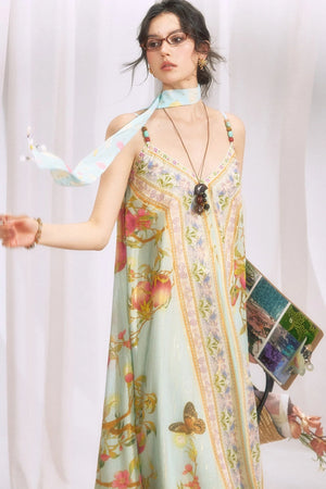 Peach Branch Print Chiffon Maxi Dress