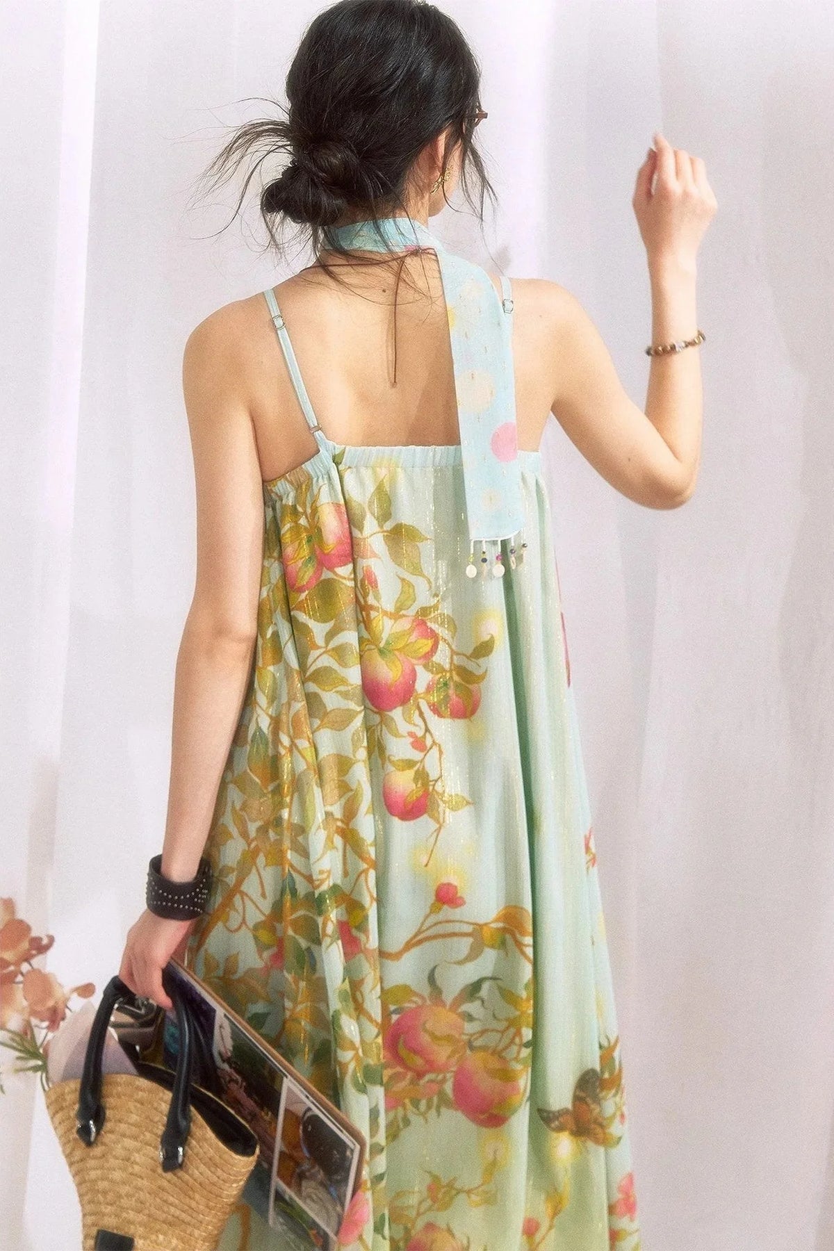 Peach Branch Print Chiffon Maxi Dress
