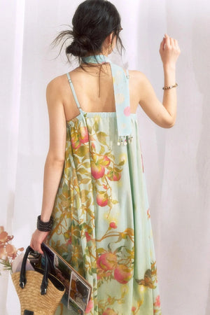 Peach Branch Print Chiffon Maxi Dress