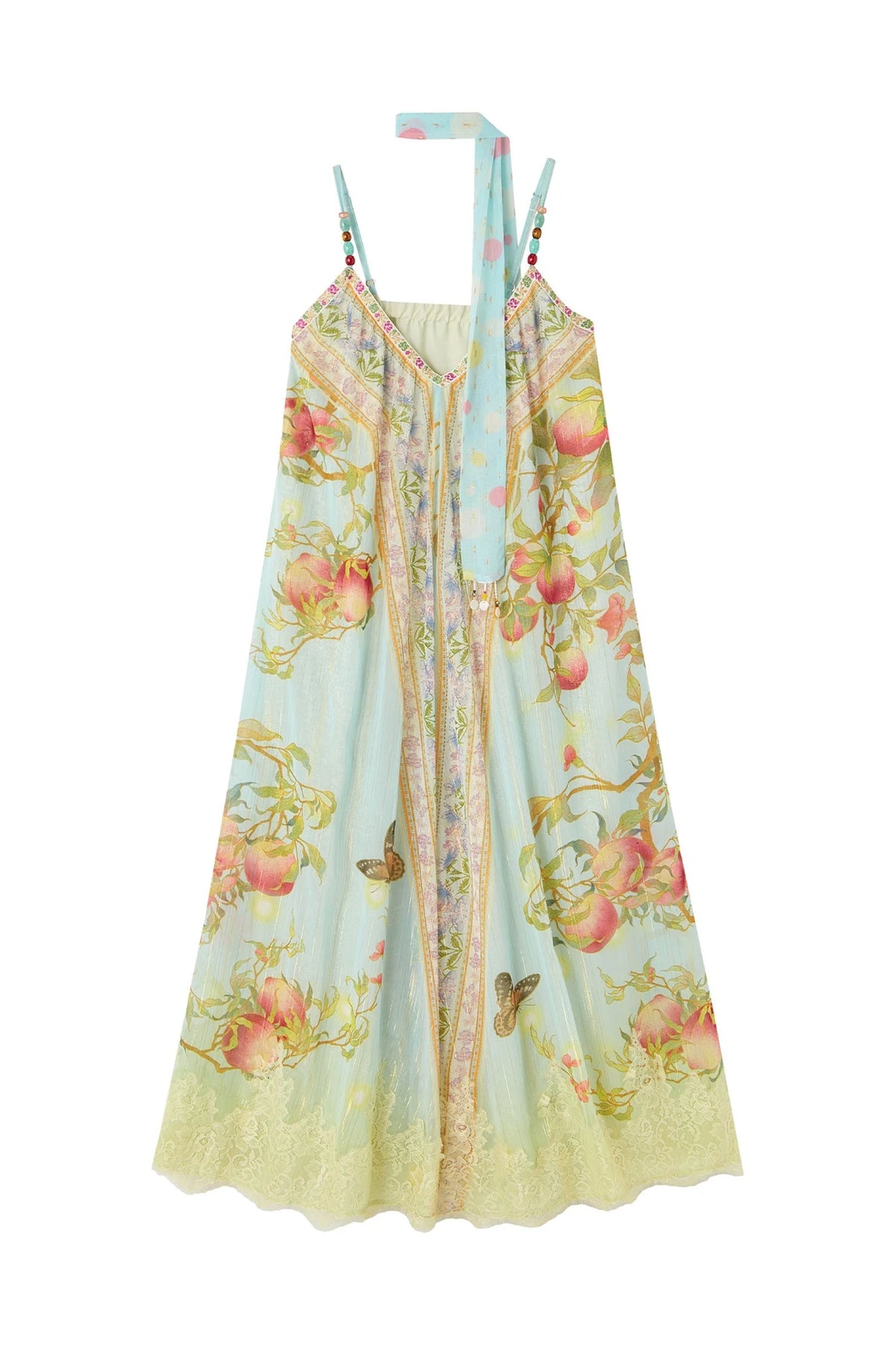 Peach Branch Print Chiffon Maxi Dress