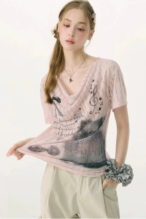 Peach Pink Cat Print T-Shirt