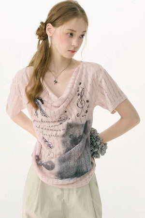 Peach Pink Cat Print T-Shirt
