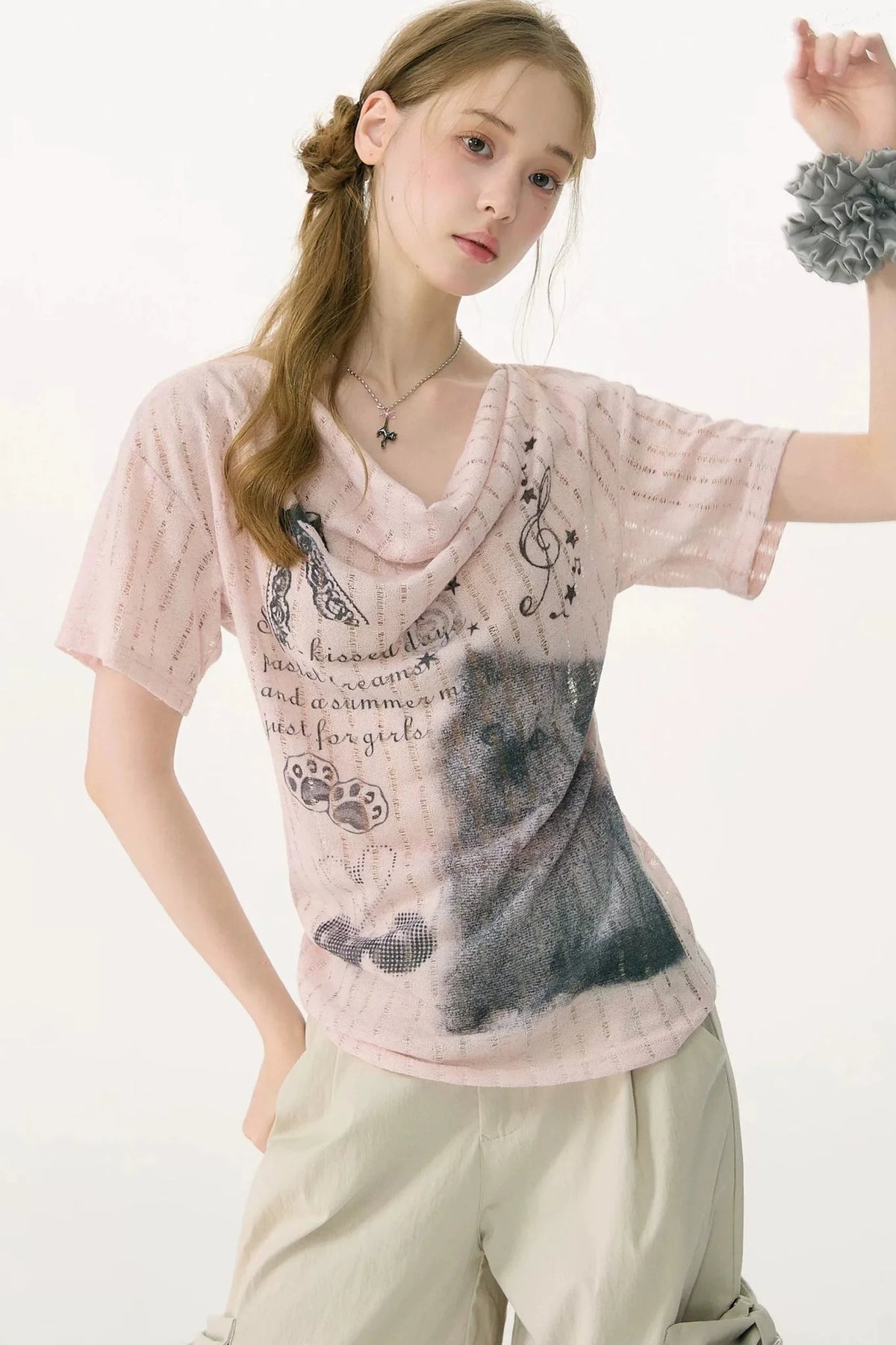 Peach Pink Cat Print T-Shirt