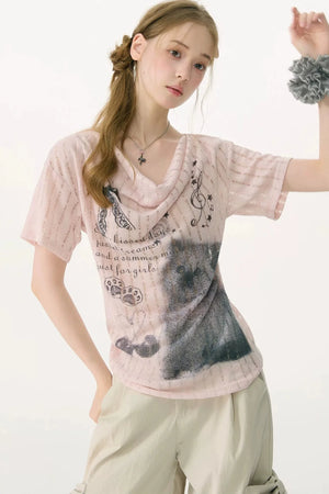 Peach Pink Cat Print T-Shirt