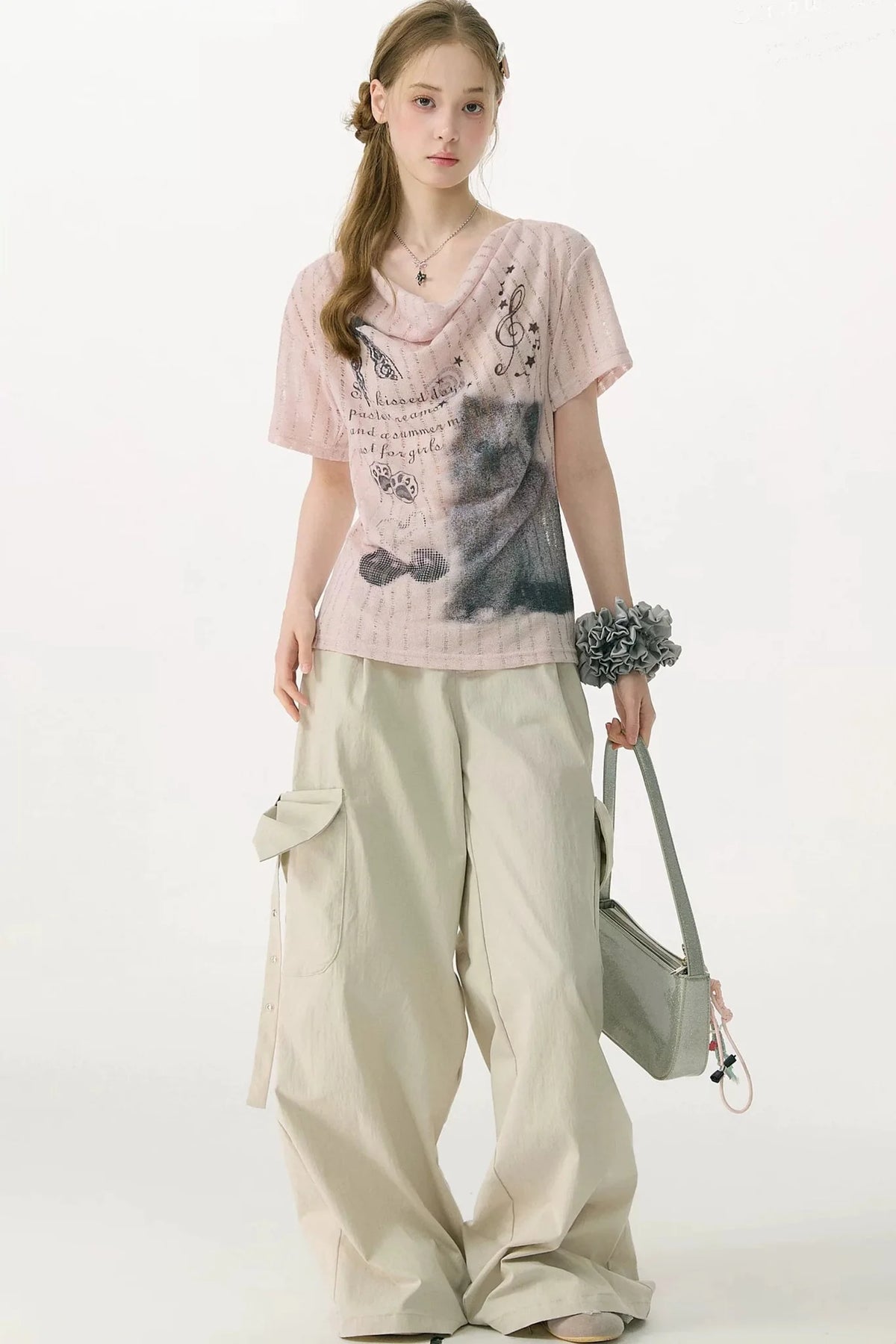 Peach Pink Cat Print T-Shirt