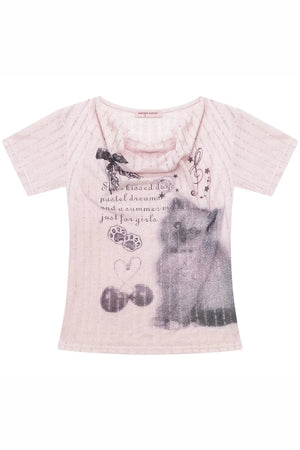 Peach Pink Cat Print T-Shirt