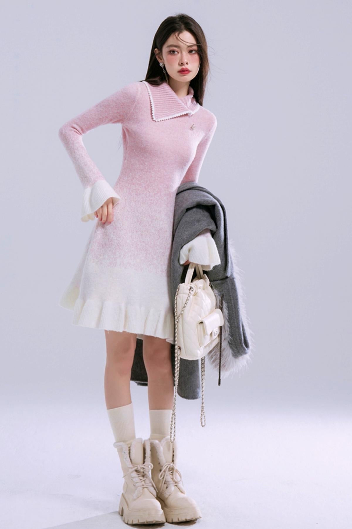 Peach-Pink Gradient Wool Dress