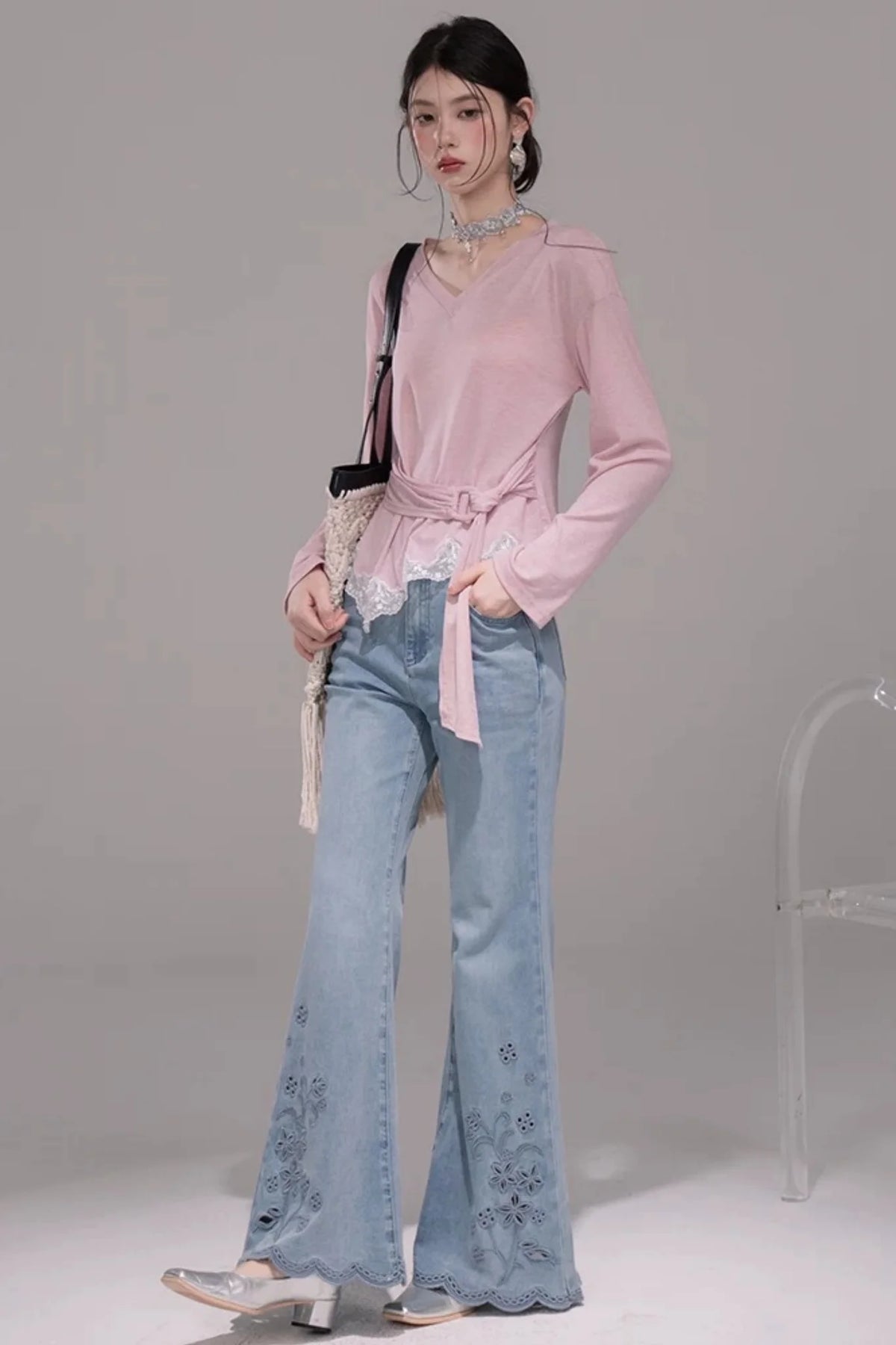 Peach Pink Lace Tie Blouse