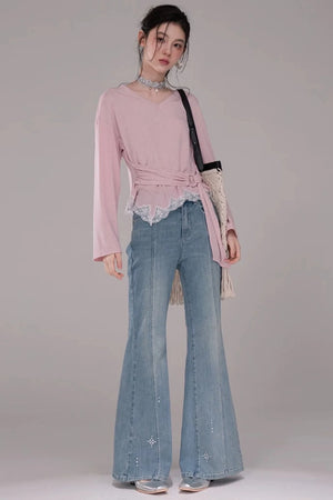 Peach Pink Lace Tie Blouse