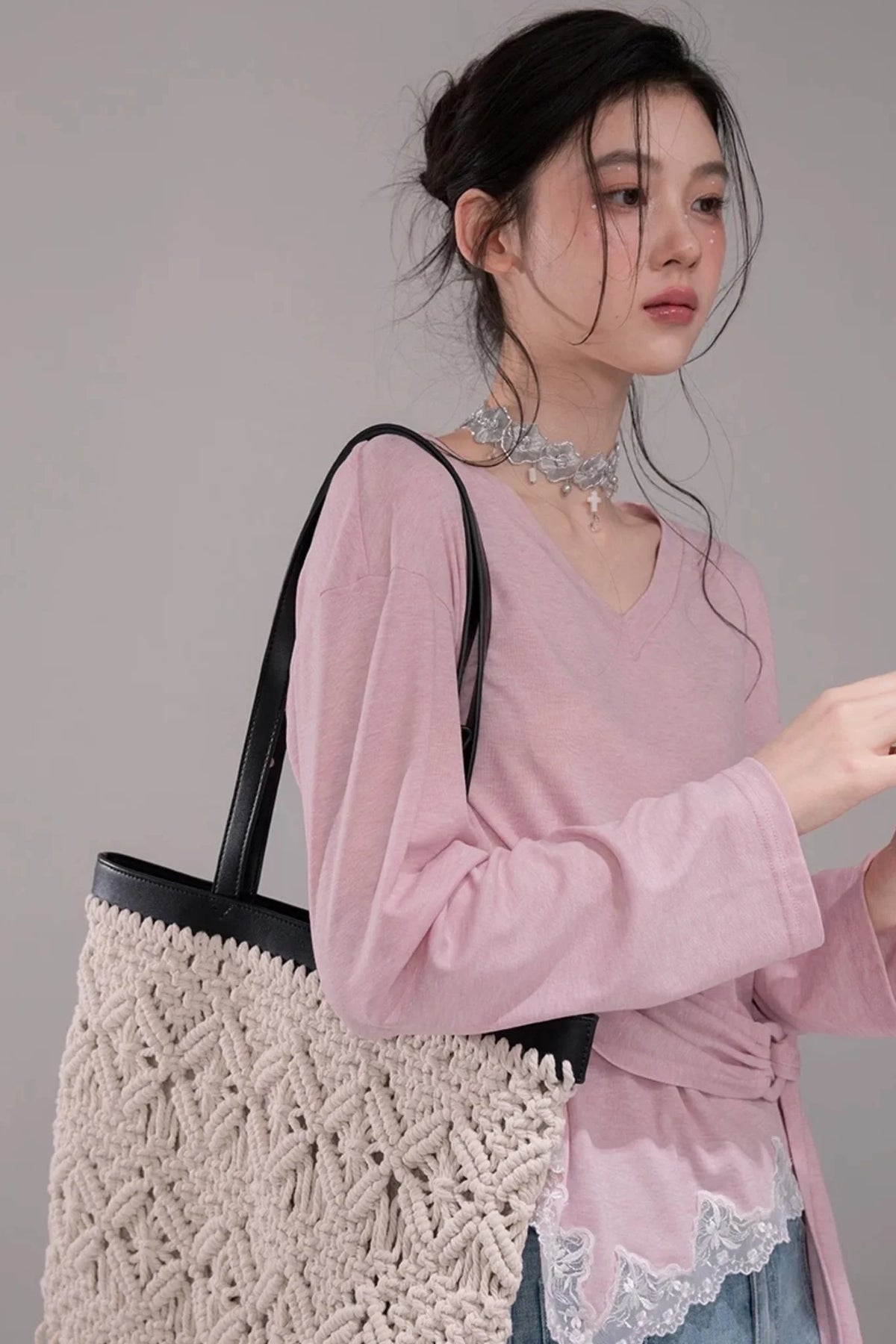 Peach Pink Lace Tie Blouse