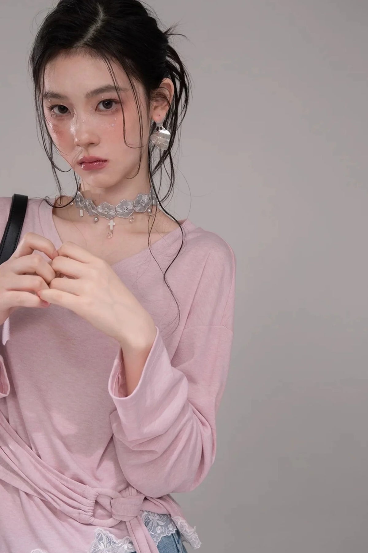 Peach Pink Lace Tie Blouse