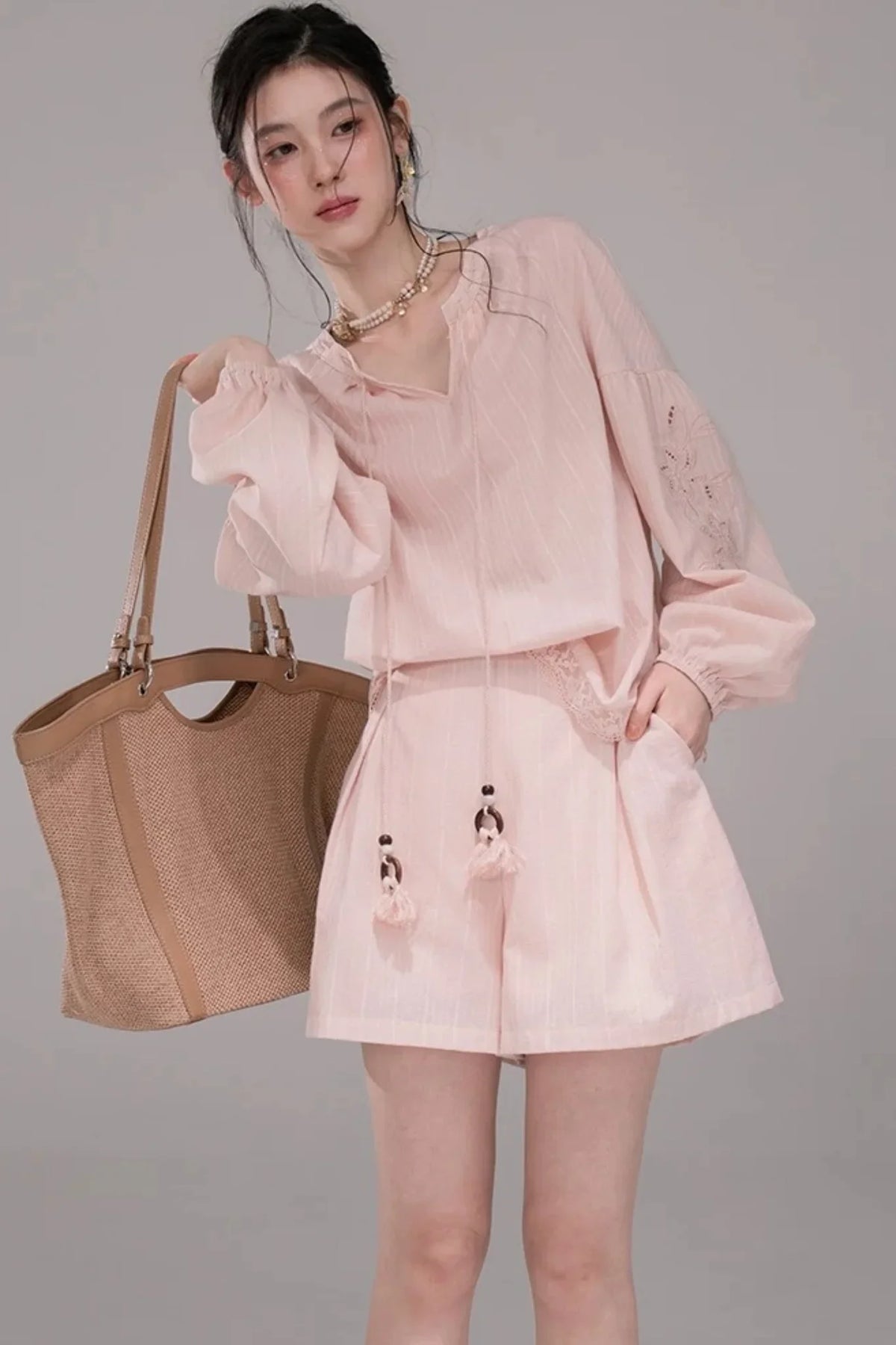 Peach Pink Striped Blouse Set-Up