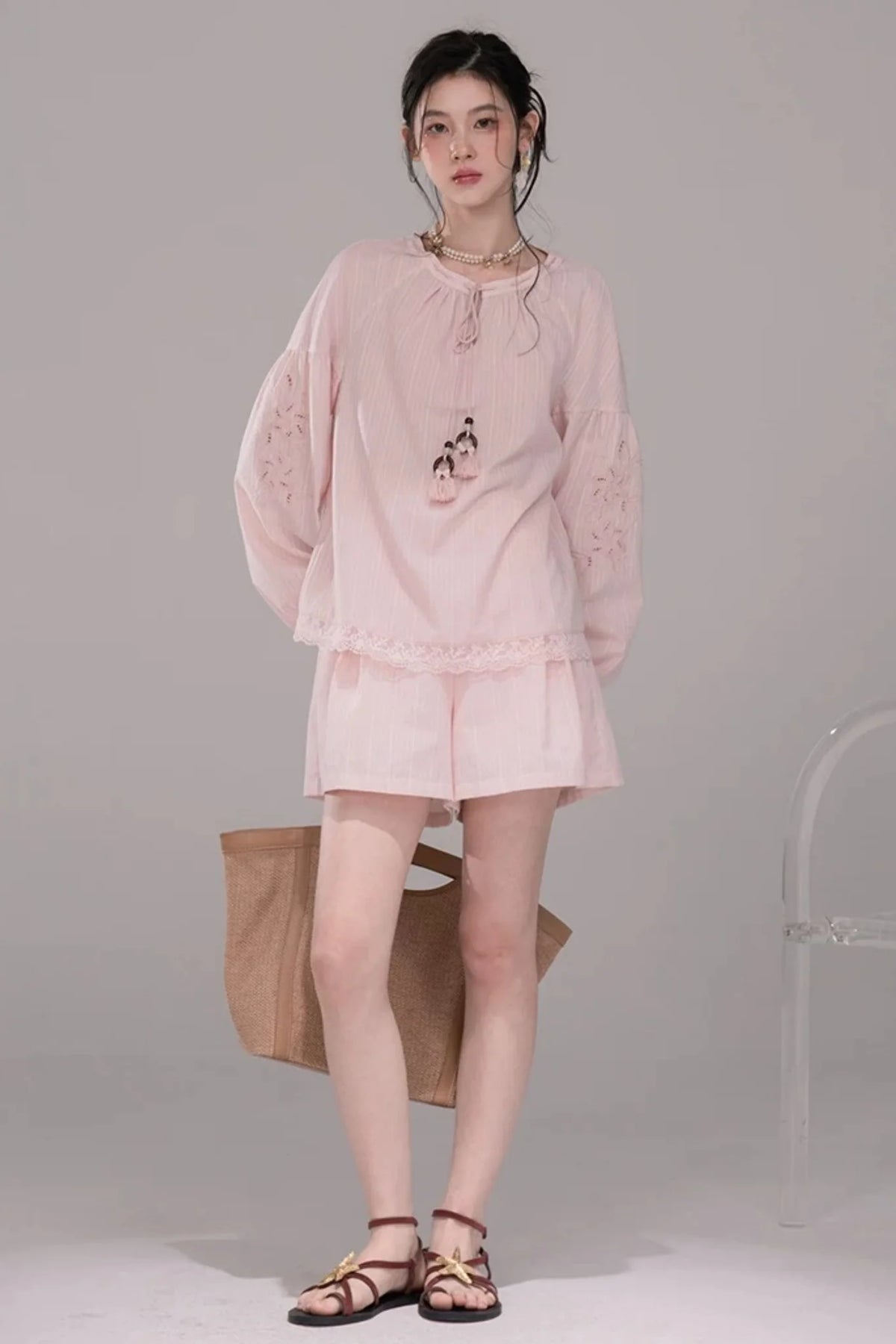 Peach Pink Striped Blouse Set-Up