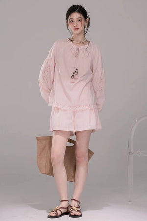 Peach Pink Striped Blouse Set-Up