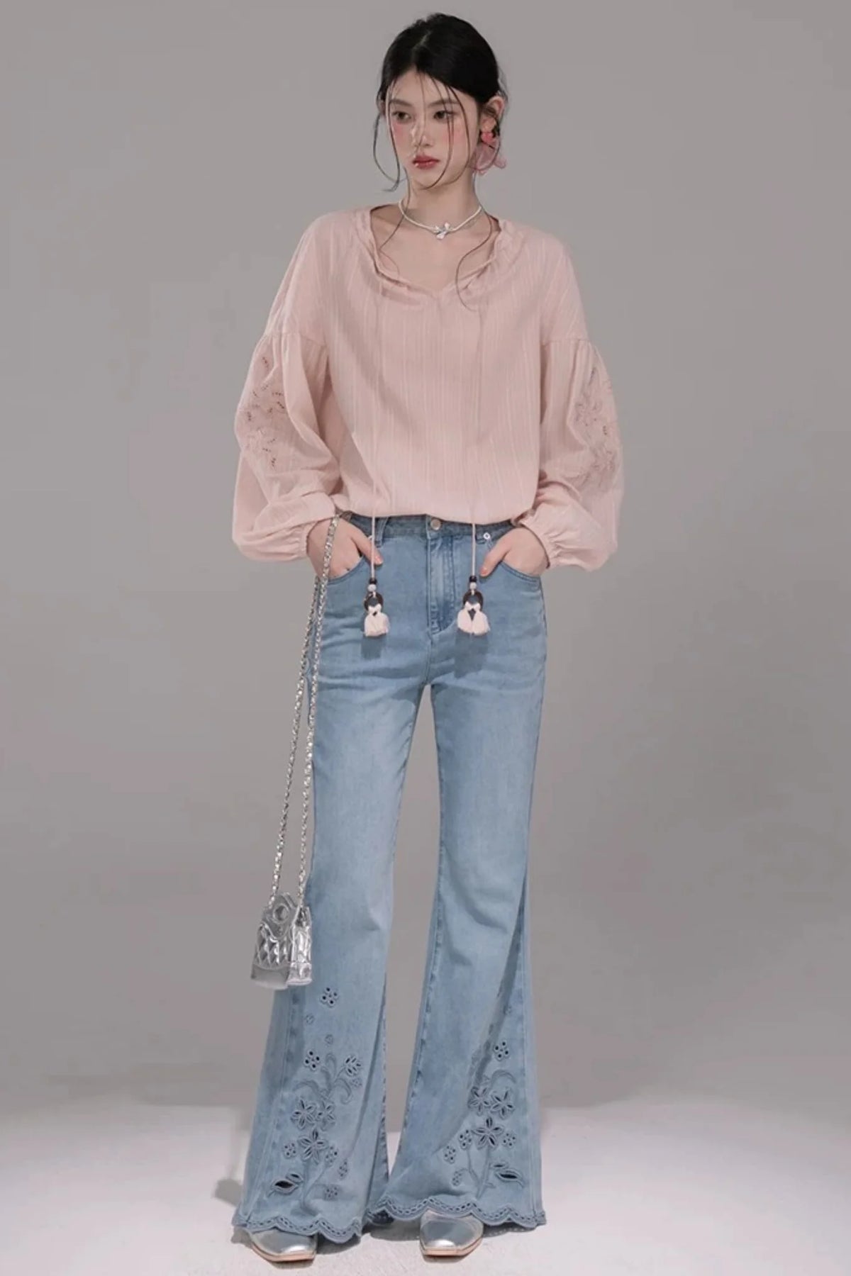 Peach Pink Striped Blouse Set-Up