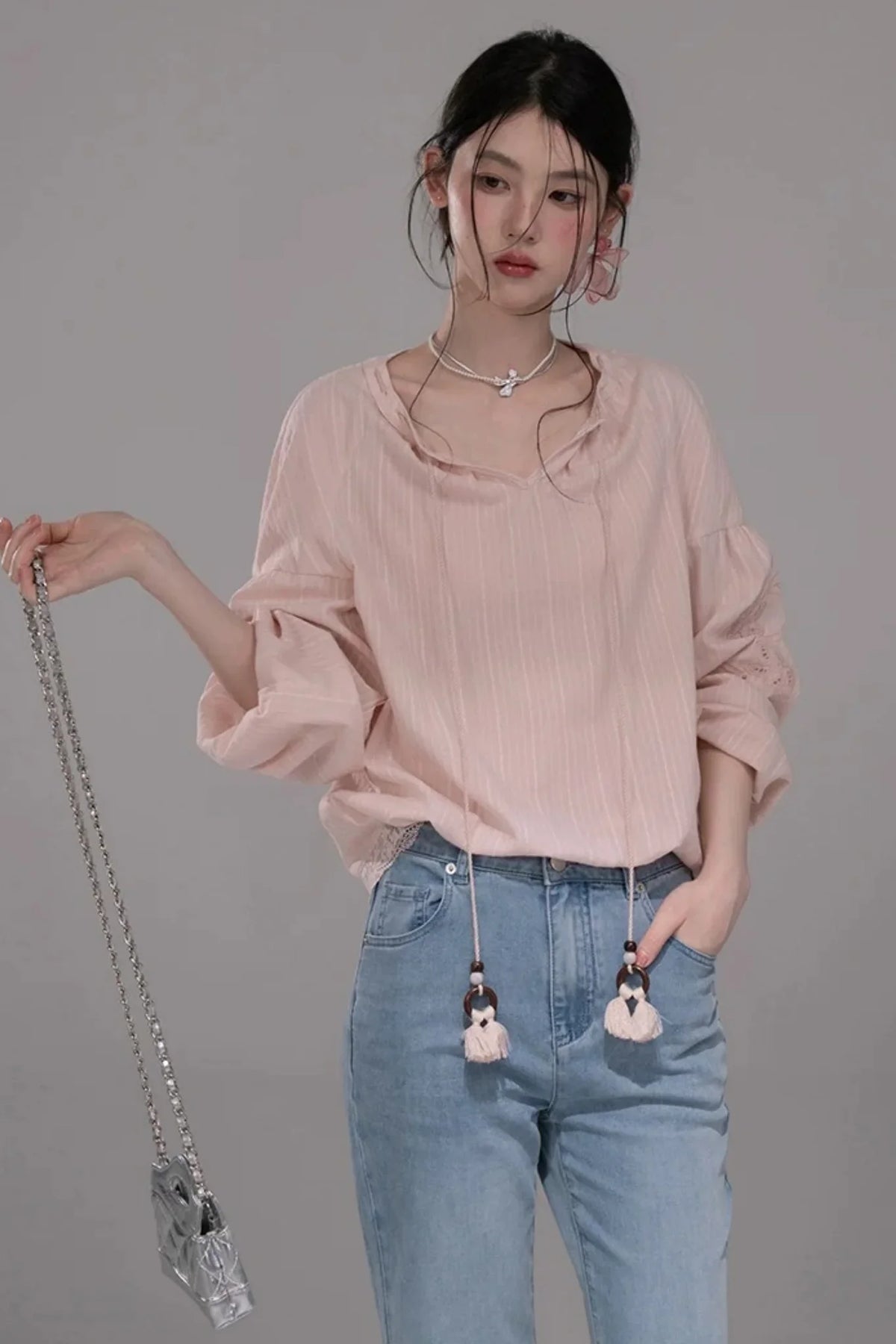 Peach Pink Striped Blouse Set-Up