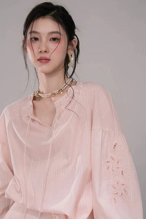 Peach Pink Striped Blouse Set-Up