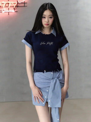 Pearl Letter Design Patchwork Knit Top