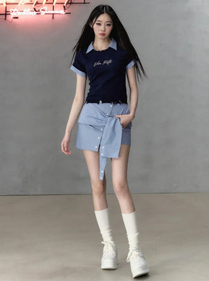 Pearl Letter Design Patchwork Knit Top
