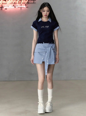 Pearl Letter Design Patchwork Knit Top