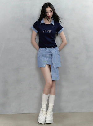 Pearl Letter Design Patchwork Knit Top
