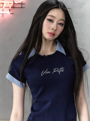 Pearl Letter Design Patchwork Knit Top