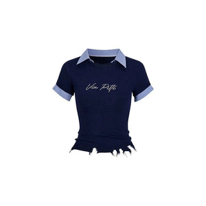 Pearl Letter Design Patchwork Knit Top