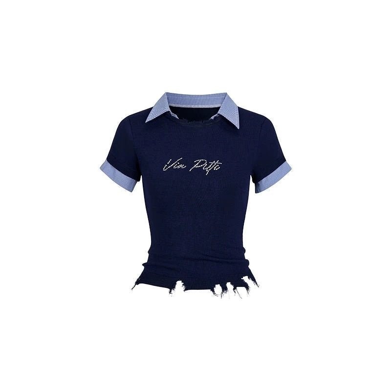 Pearl Letter Design Patchwork Knit Top