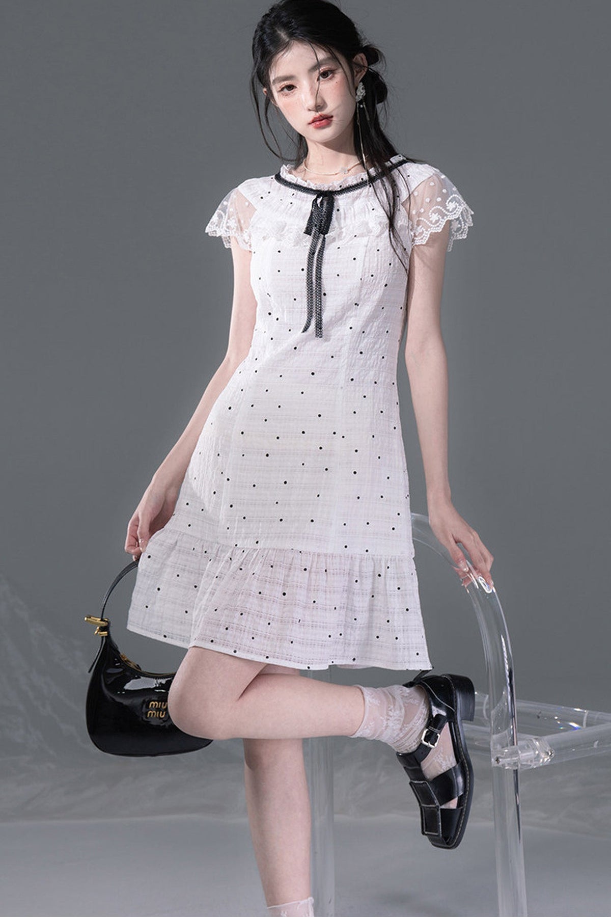 Pearl Polka Dot Chiffon Dress Set-Up