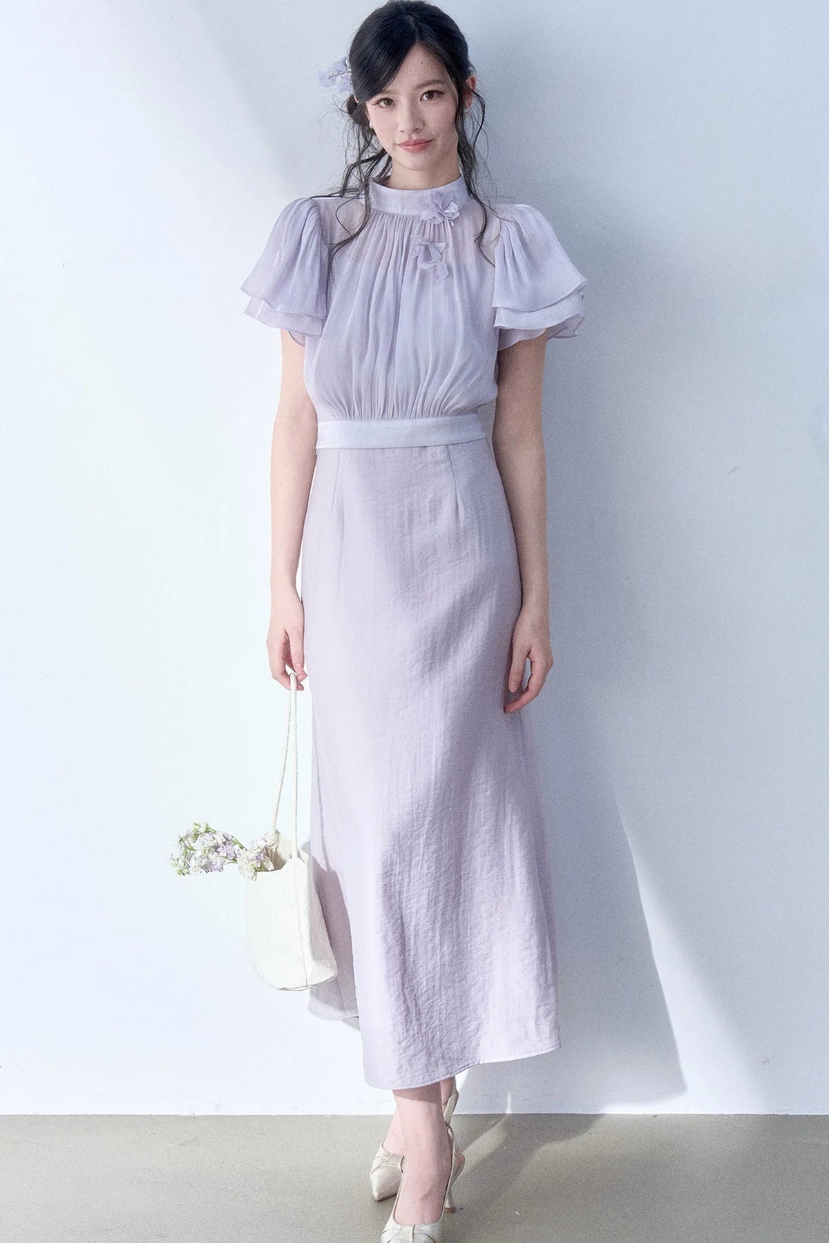 Petal Flutter Sleeve Top and Long Dress