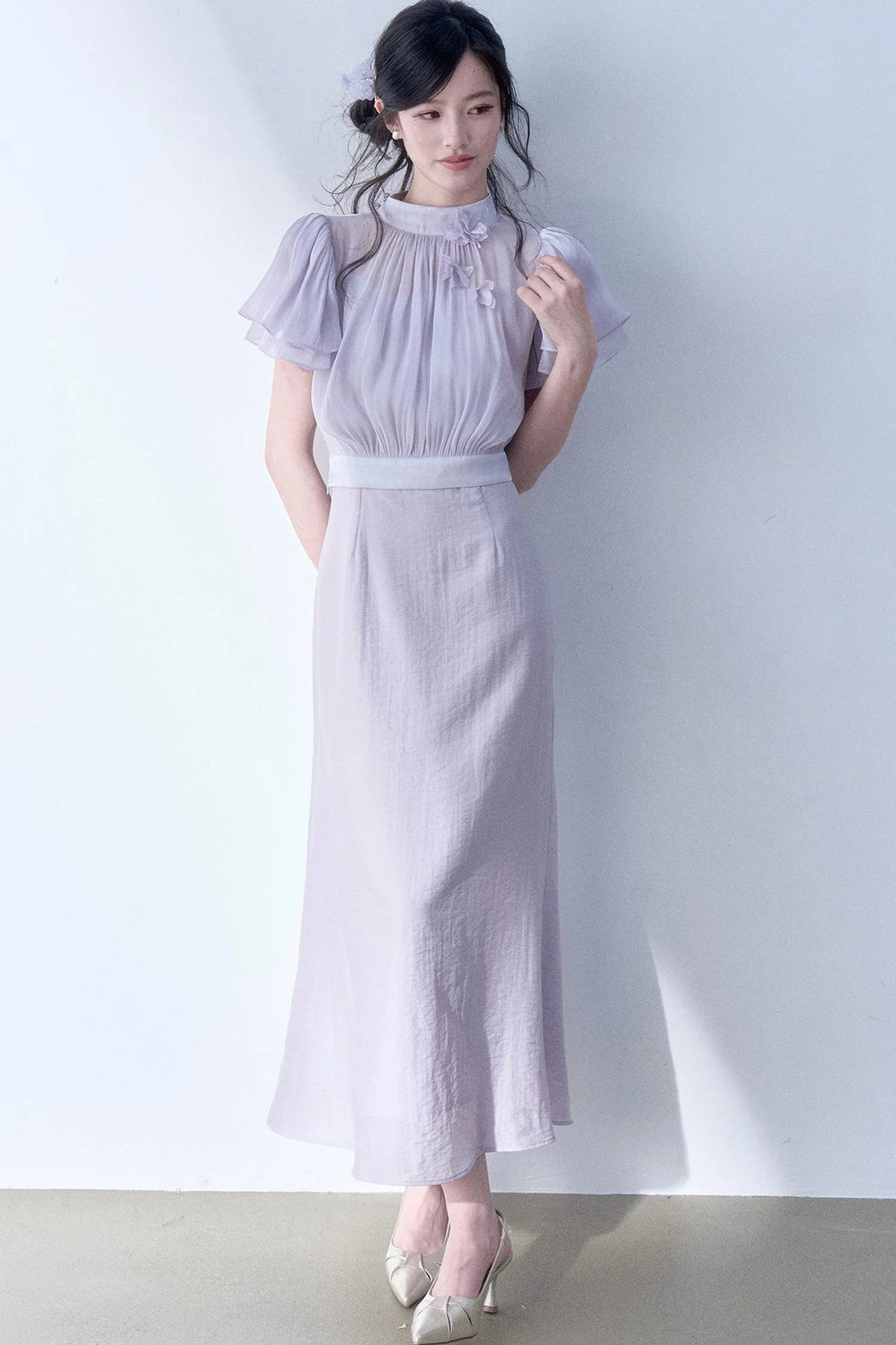 Petal Flutter Sleeve Top and Long Dress