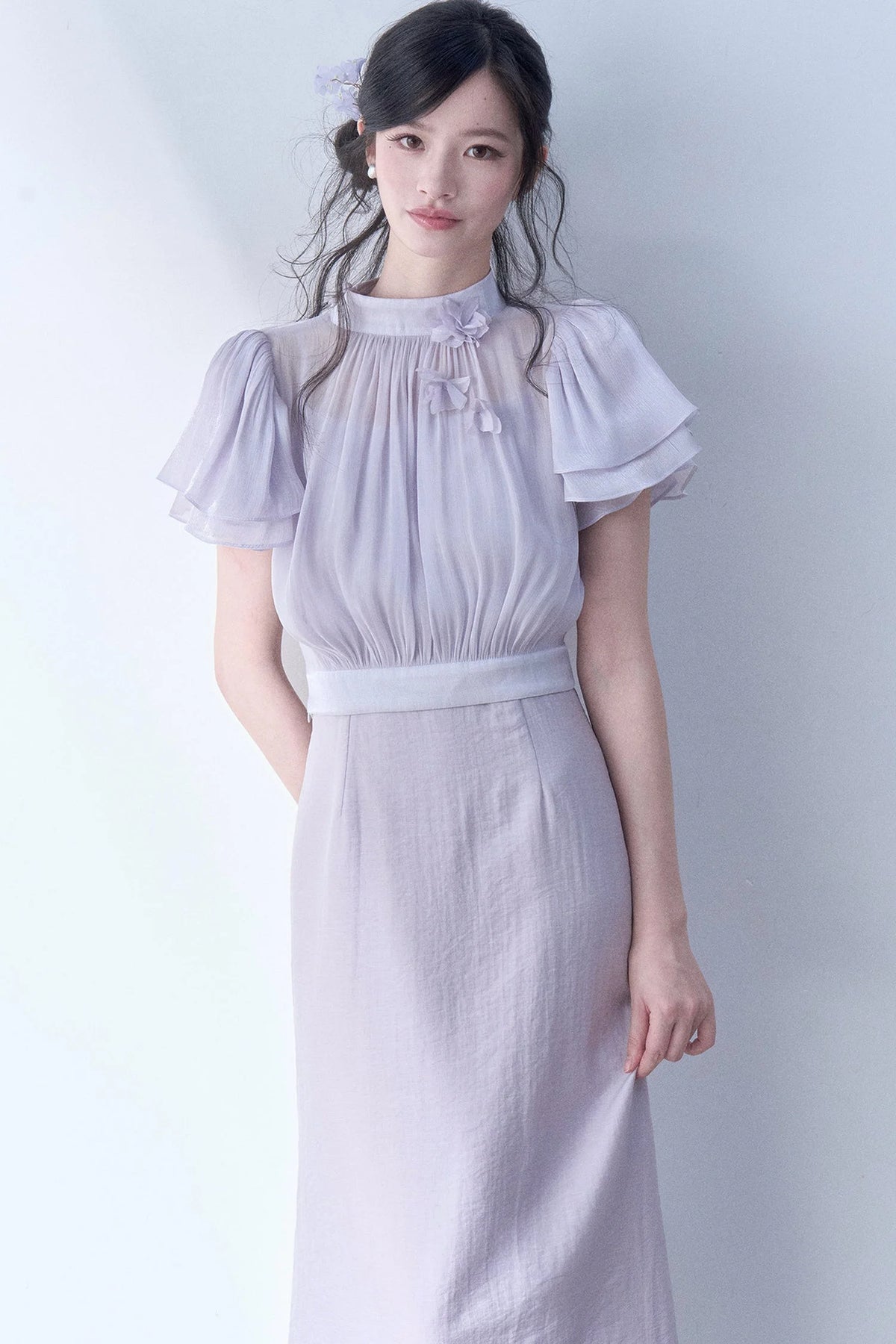 Petal Flutter Sleeve Top and Long Dress