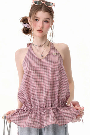 Pink American Retro Plaid Halter Tank Top