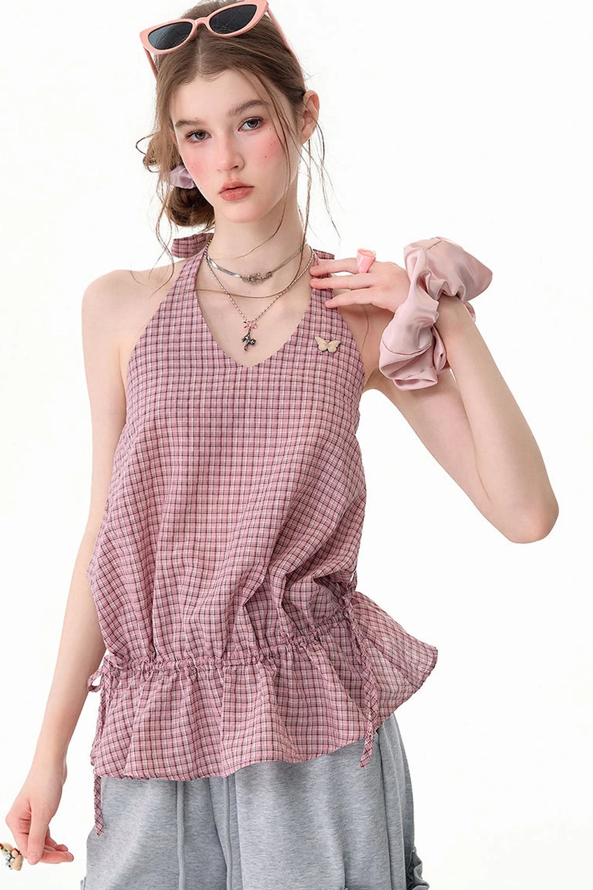 Pink American Retro Plaid Halter Tank Top