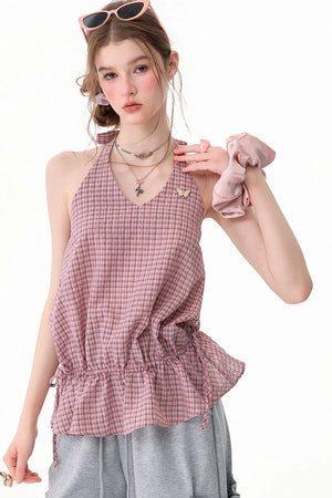Pink American Retro Plaid Halter Tank Top