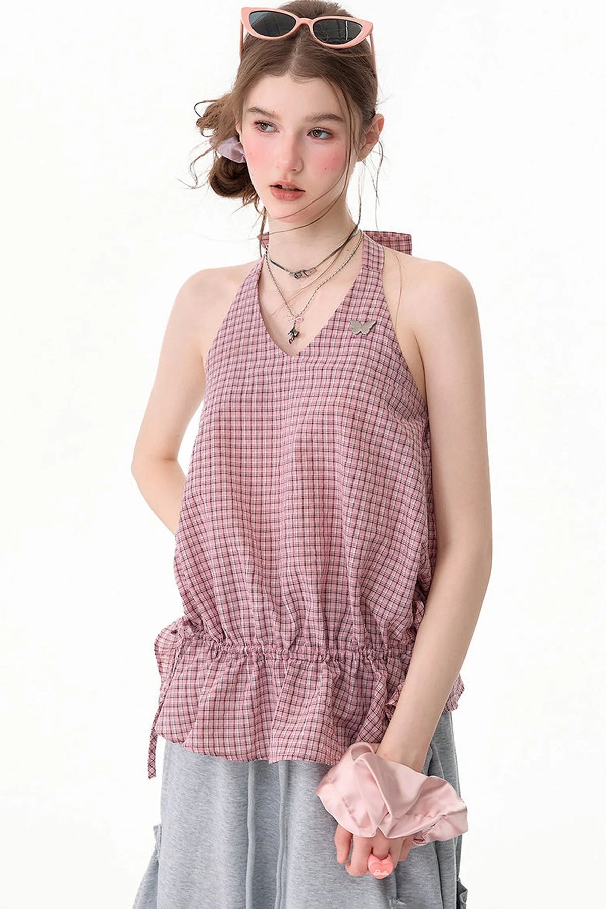 Pink American Retro Plaid Halter Tank Top