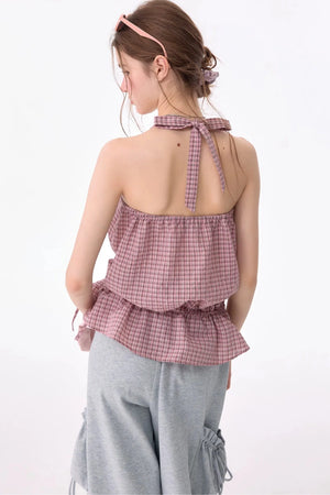 Pink American Retro Plaid Halter Tank Top