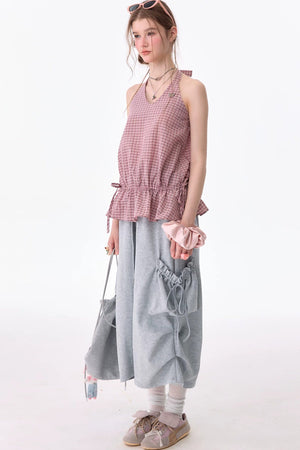Pink American Retro Plaid Halter Tank Top