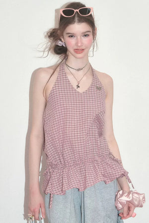 Pink American Retro Plaid Halter Tank Top