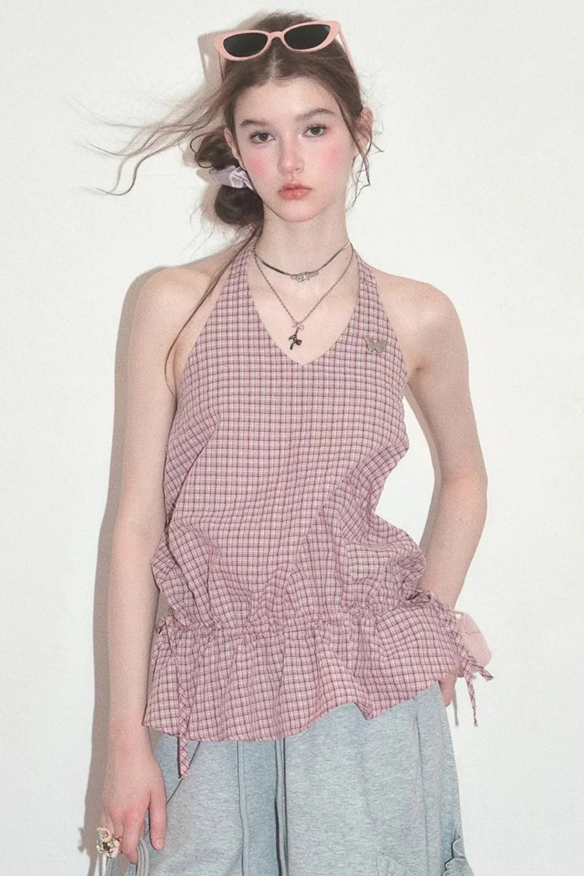 Pink American Retro Plaid Halter Tank Top
