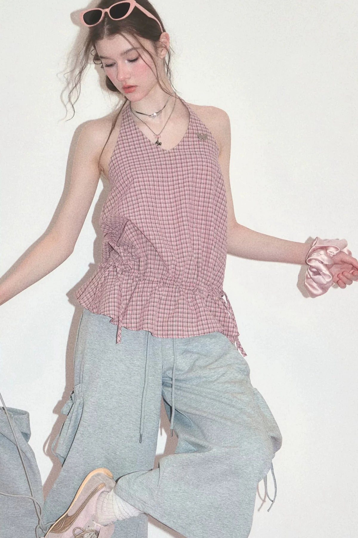 Pink American Retro Plaid Halter Tank Top