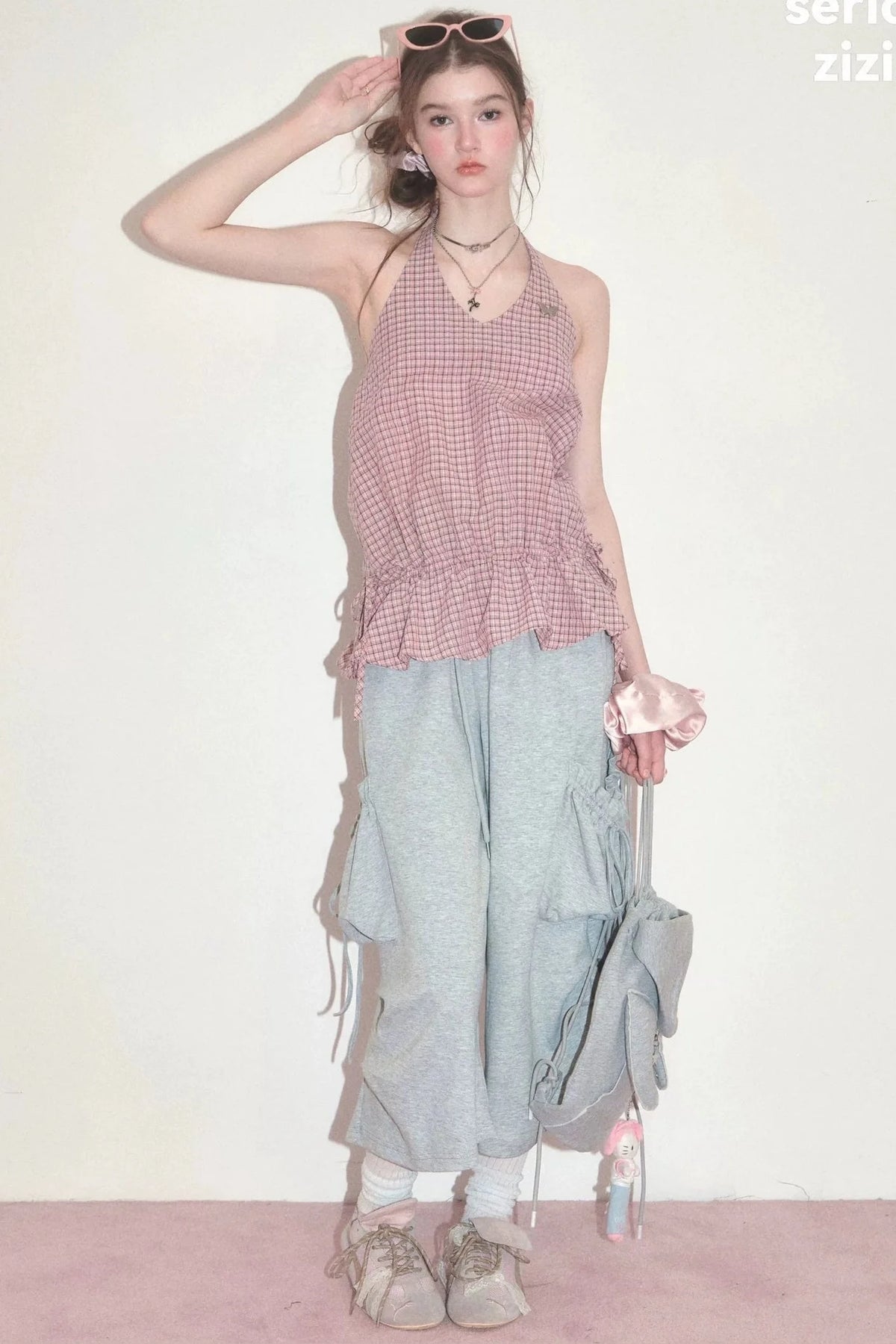 Pink American Retro Plaid Halter Tank Top