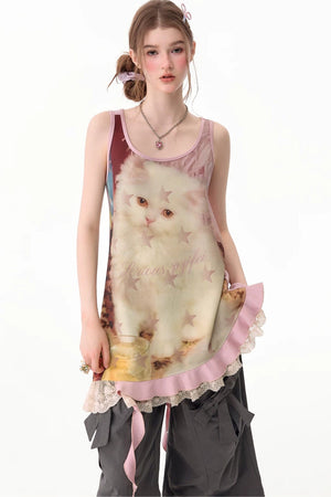 Pink Cat Print Lace Vest Dress